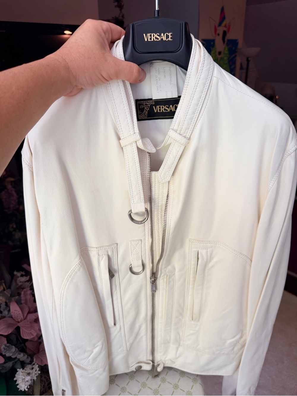 VERSACE Men’s White Leather Bomber Jacket